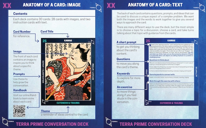 each card comes with an instruction template to describe how each card works, and also includes links to online resources more information and strategies to use the deck